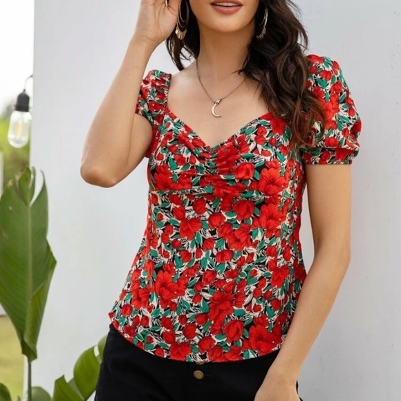 Floral Print Red and Green Puff Sleeve Blouse Top Size Small S - Picture 14 of 16